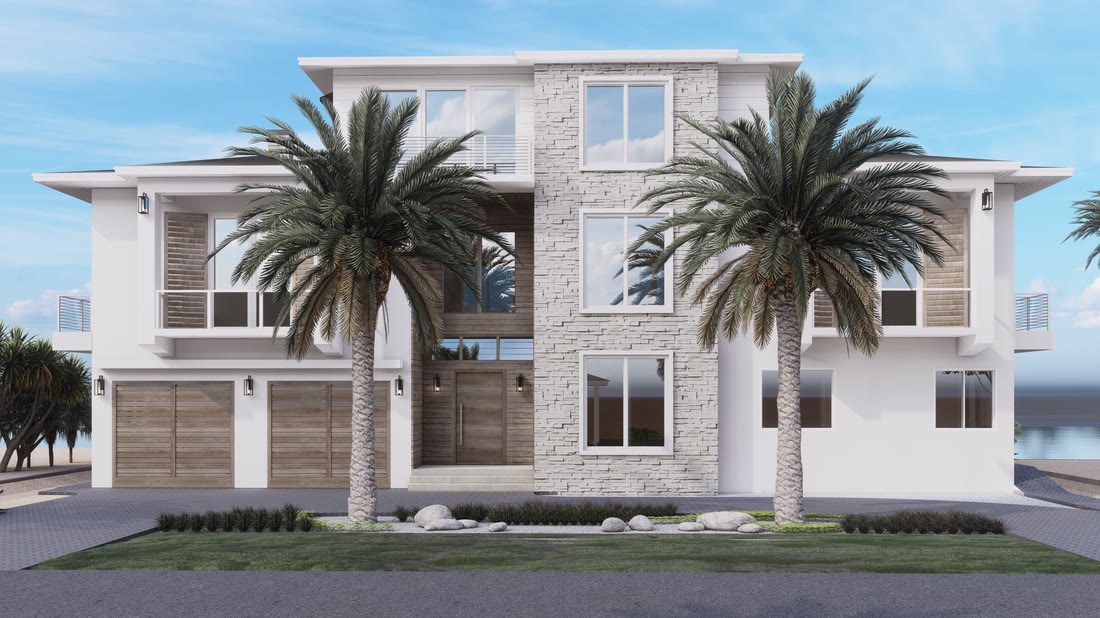 The front elevation as first shown: dark wood garage doors, a wide dark timber panel over the entry, gray stone