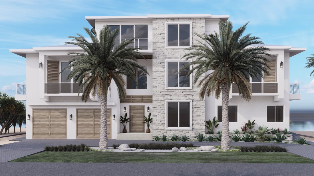The front elevation after the brief: weathered gray wood doors, the timber panel above the entry removed, a whiter stone with little color variation