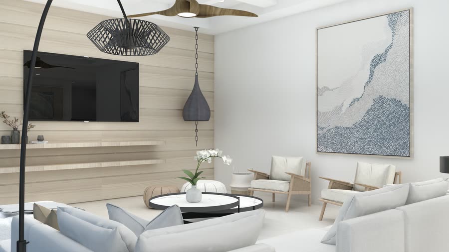 Frame 19, the media wall: the delivered rendering, with a dark rattan pendant and black metalwork
